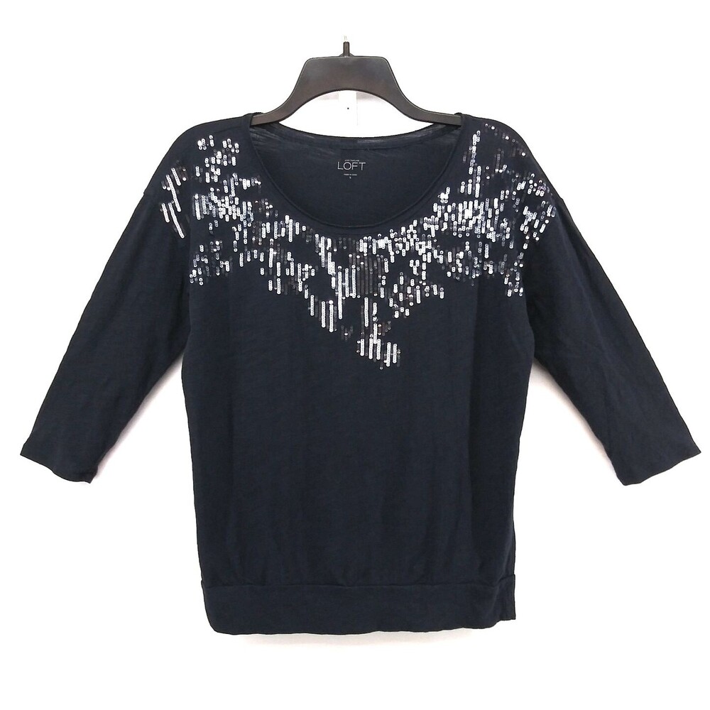 Ann Taylor LOFT Shirt women Size S Black Sequin 3/4 Sleeve Casual Pullover Top